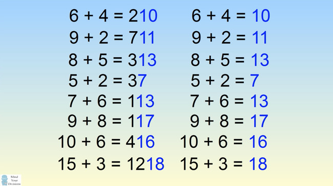 Hãy để ý đến 2 con số cuối trong kết quả của mỗi đẳng thức. 